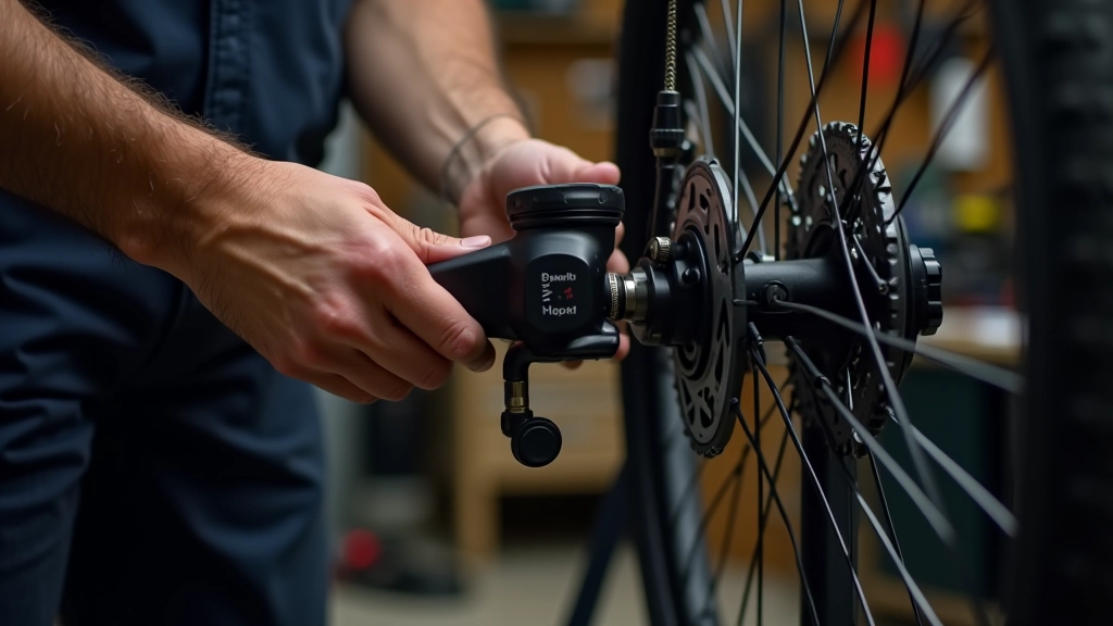 Mechanik kontroluje brzdy a pneumatiky na kole během údržby