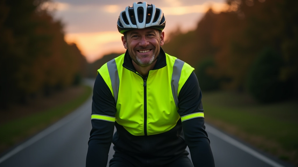 Cyklista v reflexní vesty s viditelnými reflexními prvky na kole v šeré době