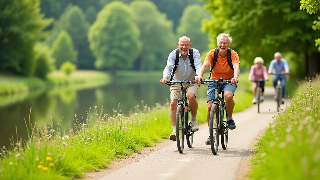 Skupina starších cyklistů na přírodní cyklostezkě u řeky