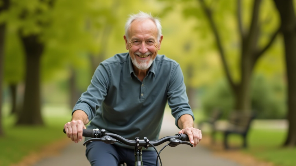 Senior cyklista na správně nastavené jízdě bicyklem podél cyklostezky