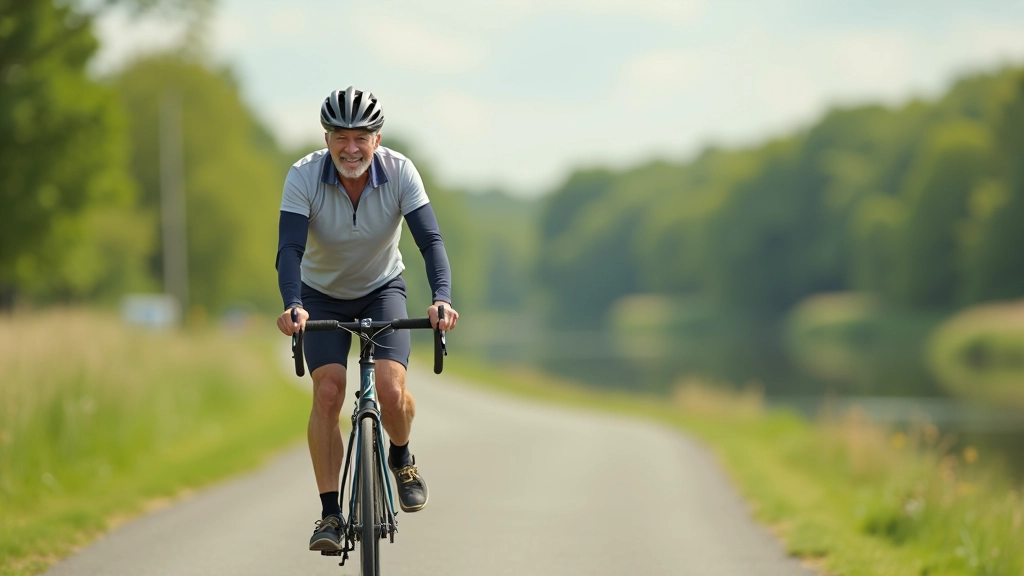 Starší cyklista jezdí po přírodní trase kolem řeky Lužnice se zelenou krajinou v pozadí